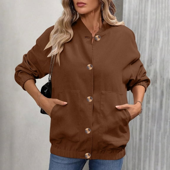 Guzom Womens Brown Cotton Spandex Oversized Jacket - Stand Collar, Button Front with Pockets, Relaxed Fit for Spring Fall Casual Wear,Size S