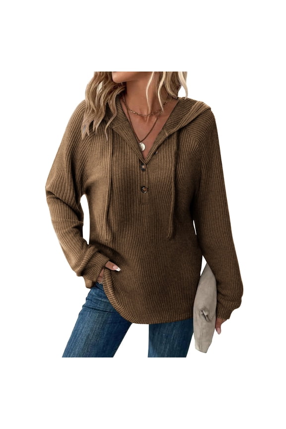 Womens Brown Hooded Knit Sweater - Polyester Spandex Soft Stretch, Relaxed Fit with Half-Button & Drawstring, for Daily Casual/Loungewear, Size S-XXL,Size 2XL