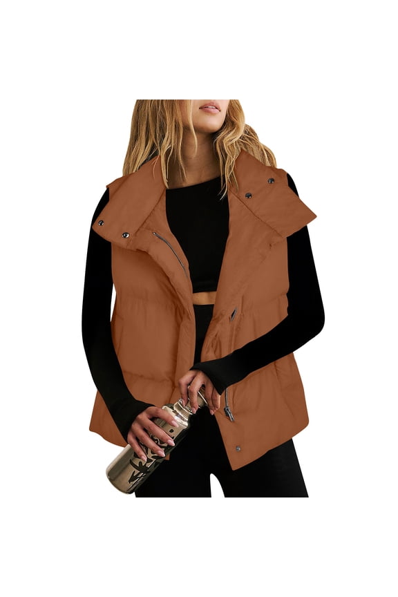 Womens Brown Lightweight Quilted Puffer Vest - Stand-Up Collar, Asymmetrical Zipper - Ideal for Fall & Spring Layering with Pockets,Size S