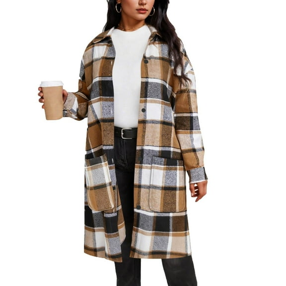 Guzom Womens Brown Plaid Longline Oversized Shirt Jacket - Relaxed Fit, Front Patch Pockets, S-XXL,Size 2XL