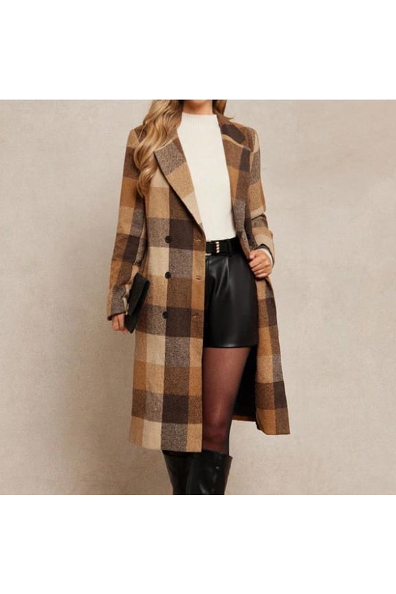 Womens Brown Plaid Wool Blend Coat - Long Length Double-Breasted Notched Lapel, Warm Tailored Fit for Fall Winter,Size 2XL