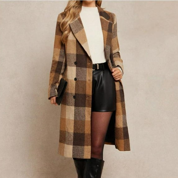 Guzom Womens Brown Plaid Wool Blend Coat - Long Length Double-Breasted Notched Lapel, Warm Tailored Fit for Fall Winter,Size M