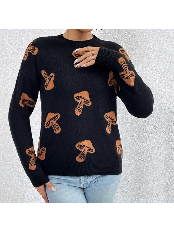 Guzom Womens Casual Fall Winter Cowl Neck Long Sleeve Mushroom Print Pullover Sweaters Black