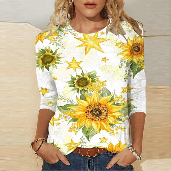 Guzom Womens Casual Fashion 3/4 Sleeve Crew Neck Printed Blouse with Floral and Stars Patterns,Yellow,Size L