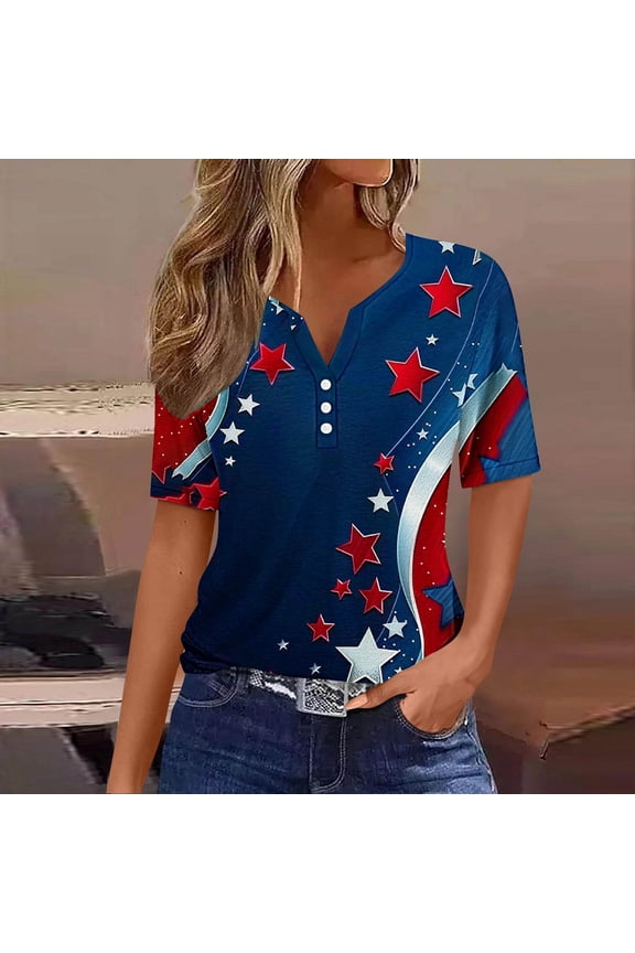 Womens Casual Fashion Short Sleeve V-Neck Stars Printed Shirt for Spring and Summer,Dark Blue,Size XL