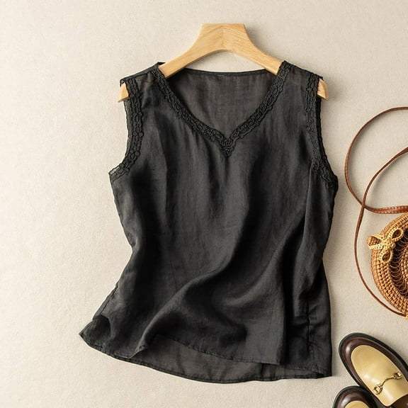 Guzom Womens Casual Solid Color V Neck Lace Tank Top for Summer,Black,Size M