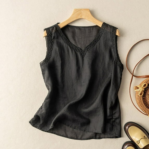 Guzom Womens Casual Solid Color V Neck Lace Tank Top for Summer,Black,Size XL