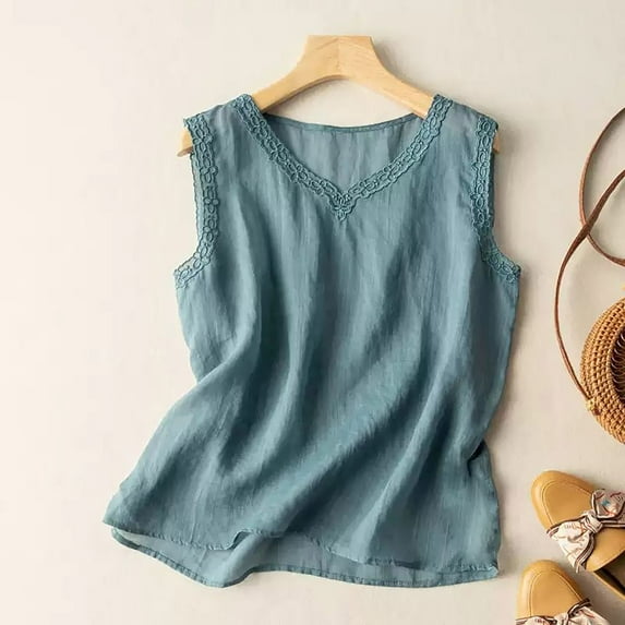 Guzom Womens Casual Solid Color V Neck Lace Tank Top for Summer,Blue,Size 2XL