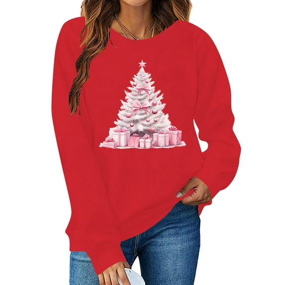 Guzom Womens Christmas Sweatshirt 100% Polyester - Pink Tree & Gift Graphic, Relaxed Fit, Red Color, XS-XL for Holiday Gatherings,Size XL
