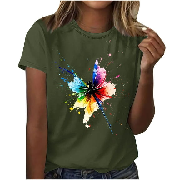 Guzom Womens Classic Printed Round Neck Short Sleeve T - shirt for Daily and Party Wear,Army Green,Size XL