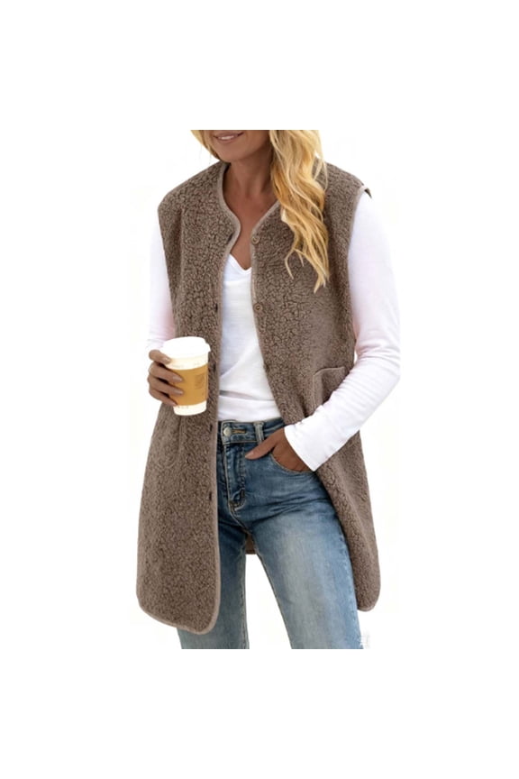Womens Coffee Faux Shearling-Textured Vest, Nylon Spandex Blend Long Line Button Front with Side Pockets, Warm Layering Vest for Fall Winter Casual Daily Wear,Size XL