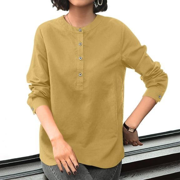 Guzom Womens Cotton And Linen Loose Blouse with Long Sleeves, Button Closure, Solid Pattern for Casual Occasions,Yellow,Size M