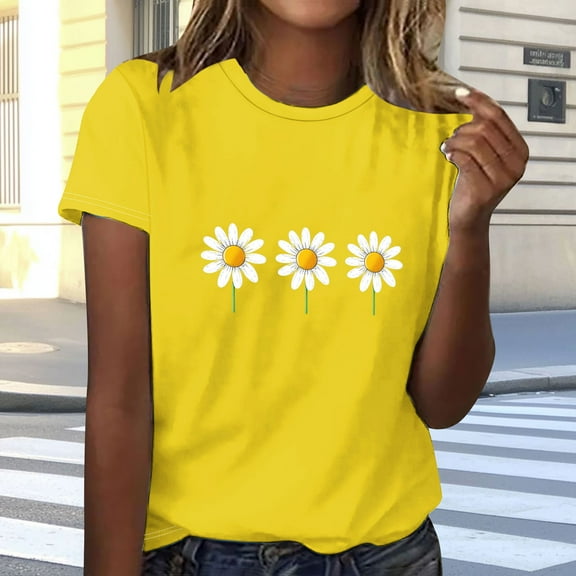 Guzom Womens Fashion Floral Printed Short Sleeve Round Neck Casual Blouse for Everyday Wear,Yellow,Size M