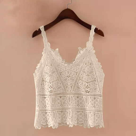 Guzom Womens Fashion Knitted Casual Sweet Lace Strap Solid Color V-neck Camisole Top for Home and Daily Wear,Beige,Size Free Size