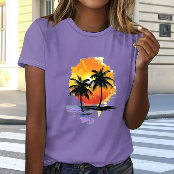 Guzom Womens Fashion Landscape Printed Short Sleeves Round Neck T - Shirt for Casual and Daily Wear,Purple,Size S