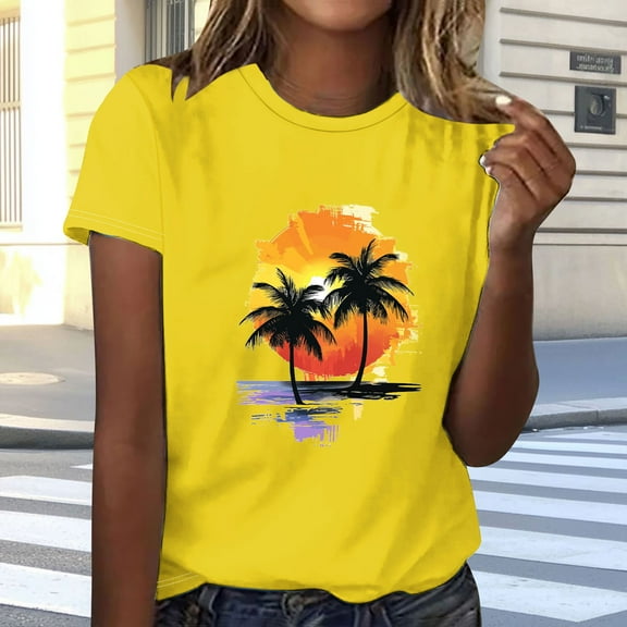 Guzom Womens Fashion Landscape Printed Short Sleeves Round Neck T - Shirt for Casual and Daily Wear,Yellow,Size M