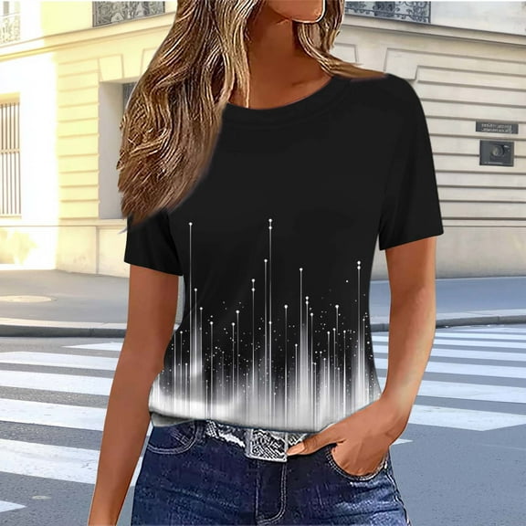 Guzom Womens Fashion Abstract Printed Short Sleeves Round Neck Casual T - Shirt,Black,Size XL