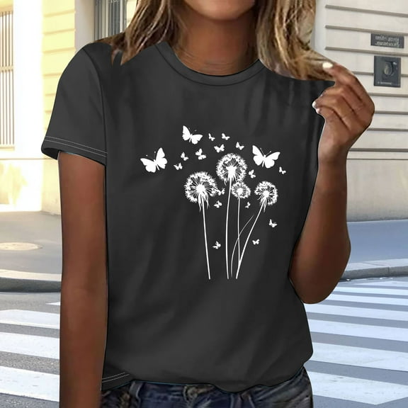 Guzom Womens Fashion Printed Short Sleeve Round Neck Casual Blouse for Home and Daily Wear,Black,Size L