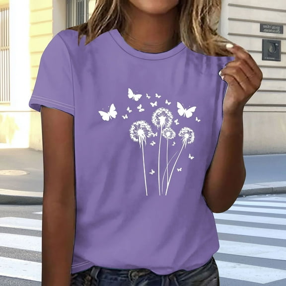 Guzom Womens Fashion Printed Short Sleeve Round Neck Casual Blouse for Home and Daily Wear,Purple,Size XL