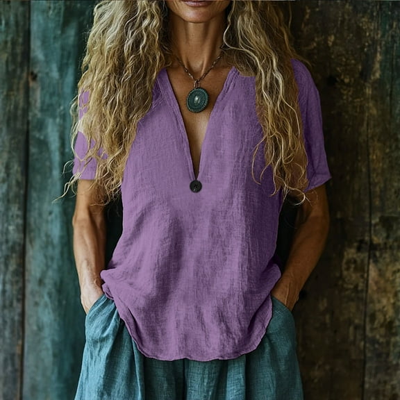 Guzom Womens Fashion Solid Button V - Neck Loose Blouse for Spring and Summer,Purple,Size L