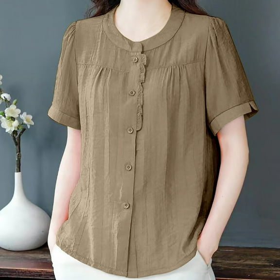 Guzom Womens Fashionable Retro Embroidered Round Neck Short Sleeve Blouse for Summer Casual Wear,Khaki,Size M