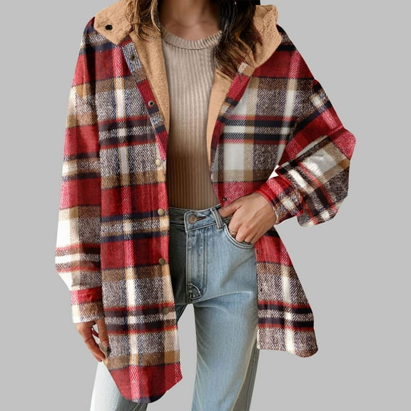 Guzom Womens Fleece Lined Plaid Hooded Shacket - Oversized Soft Poly-Cotton, Red Color for Autumn/Early Winter Casual Wear,Size L