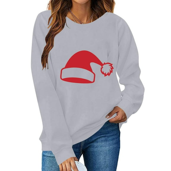 Guzom Womens Gray Santa Hat Graphic Sweatshirt - Long Sleeve Crew Neck, Loose Fit, Christmas Festive,Size S