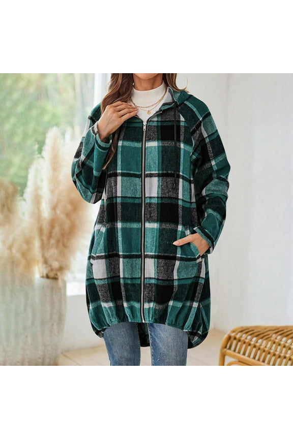Womens Green Plaid Hooded Coat - Polyester-Cotton Blend, Full-Zip, Mid-Length S-XXL, Casual with Pockets & Ribbed Cuffs for Spring Fall,Size XL