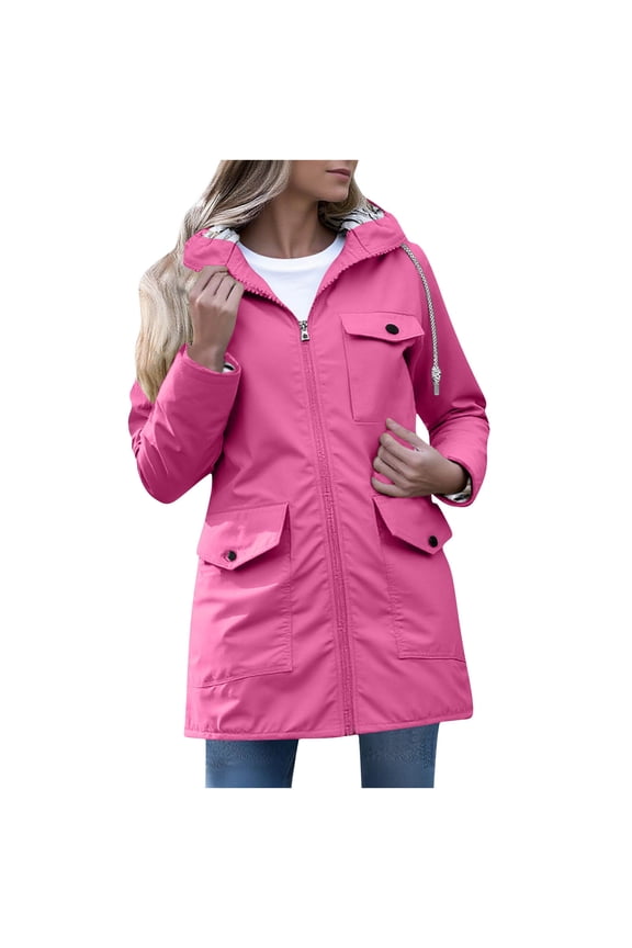 Womens Hot Pink Water Resistant Hooded Jacket - Slim-Fit Mid-Length Nylon with Snap Pockets & Full-Zip Closure,Size S