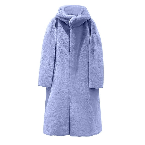 Guzom Womens Jackets No Hood Thick Plus Size Overcoat Long Sleeve Casual Fall Winter Faux Fur Coats Blue Size XL