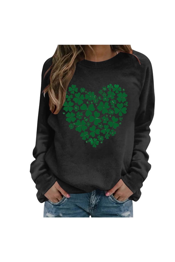 Womens Lucky Shamrock Heart Sweatshirt - Black St. Patrick's Day Crew Neck Long Sleeve Relaxed Fit Festive Casual Top,Size L