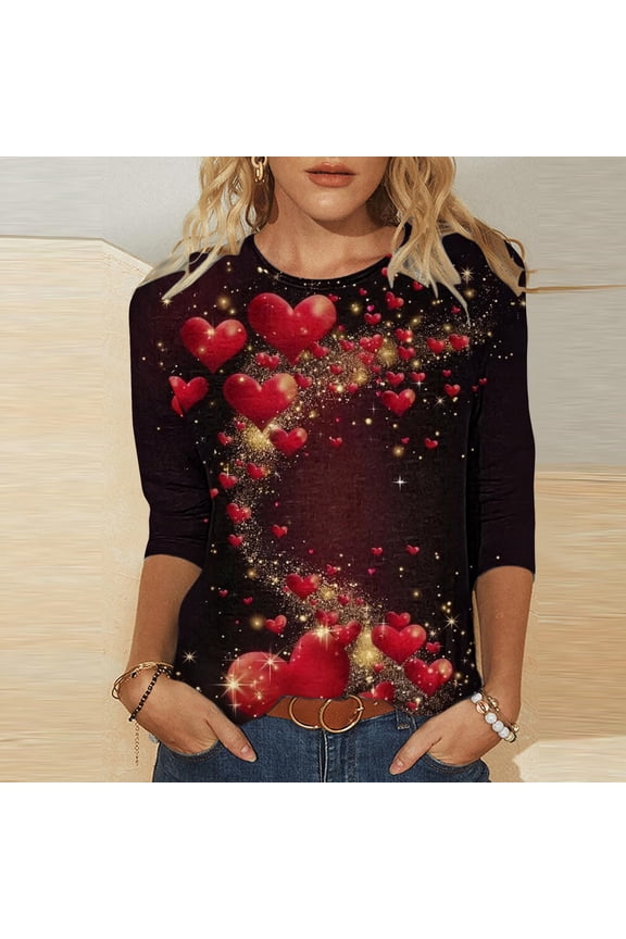Womens Multicolor Heart Print Three-Quarter Sleeve Crew Neck Top, Polyester Spandex Blend, S-XXXXXL (Valentine's Day),Size S