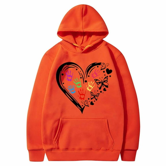 Guzom Womens Orange Pullover Hoodie 100% Polyester - Casual Comfy with Heart, Handprint & Butterfly Graphic, Adjustable Drawstring, S-XL,Size L
