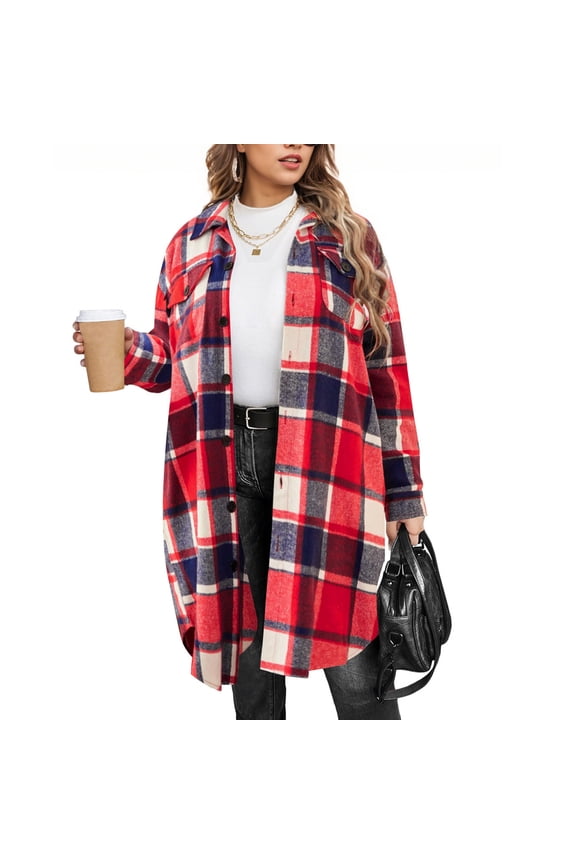 Womens Oversized Long Plaid Shacket - Multicolor Nylon-Spandex Blend, Button Front with Chest Pockets, Casual Retro Transitional Layering Top (S-XXL),Size XL