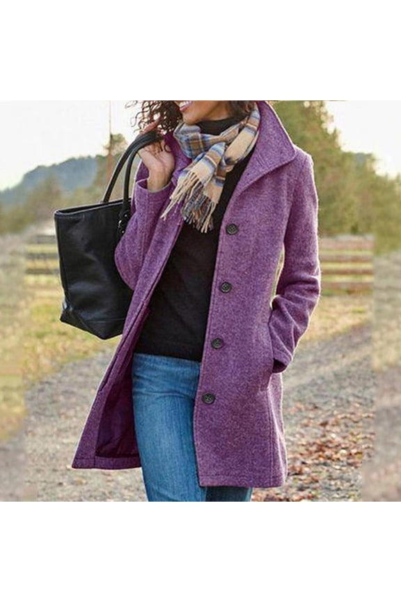 Womens Peacoats- Solid Pocket Woollen Coat Recreational Long Sleeve Tops Purple