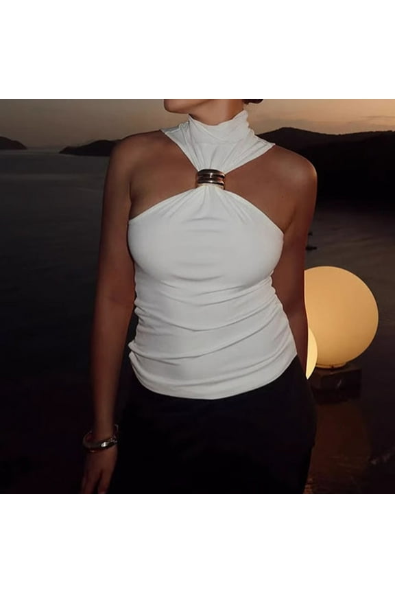 Womens Personalized Metal Decoration Wide Shoulder Slim Sleeveless Top with High Collar for Casual Wear,White,Size L