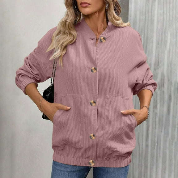Guzom Womens Pink Cotton Spandex Oversized Jacket - Stand Collar with Pockets, Button Front & Relaxed Fit for Spring Fall Casual Wear,Size S