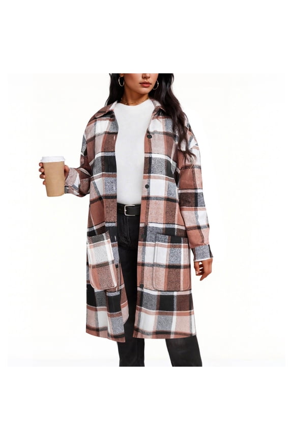 Womens Pink Plaid Shirt Jacket - Oversized Longline, Relaxed Fit with Button-Front & Patch Pockets, S-XXL,Size M