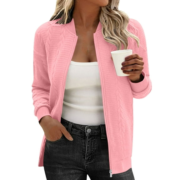 Guzom Womens Pink Trendy Zip-Up Bomber Jacket - Nylon Spandex Blend, Inclusive S-XXL, Ribbed Cuffs & Hem, Full-Zip for Casual/Office/Light Outdoor Use,Size XL