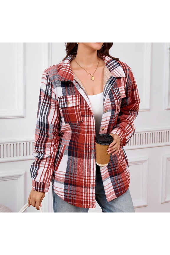Womens Plaid Shearling-Lined Shacket - Warm for Fall Winter, Multicolor (Red/White/Navy), Relaxed Fit, Button-Front with Chest Pockets, Cozy Nylon-Spandex,Size 2XL