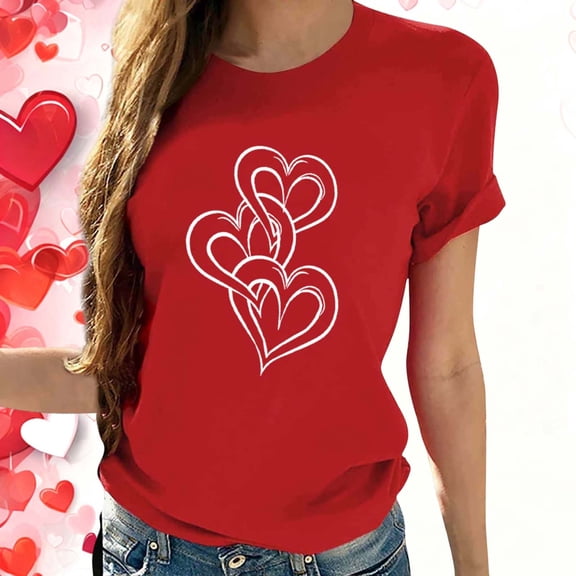 Guzom Womens Red Heart Pattern Crew Neck Short Sleeve Regular Fit T-Shirt, 95% Polyester 5% Spandex, Valentine's Day Casual Tee for Women S-XXL,Size M
