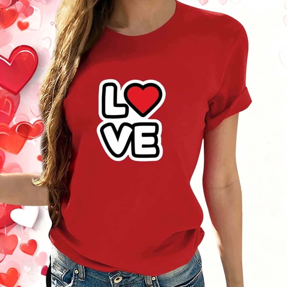 Guzom Womens Red LOVE Heart Graphic Crew Neck T-Shirt, Rolled Sleeve Regular Fit Polyester Spandex Casual Tee for Valentine's Day & Daily Wear,Size 2XL
