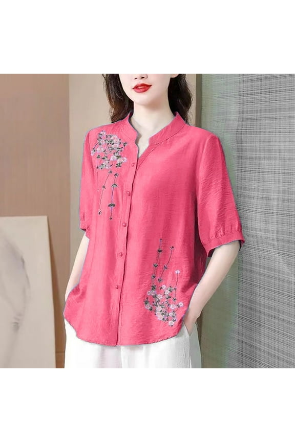 Womens Retro Floral Embroidered Blouse with Blouson Sleeves, Casual Summer Wear,Hot Pink,Size XL