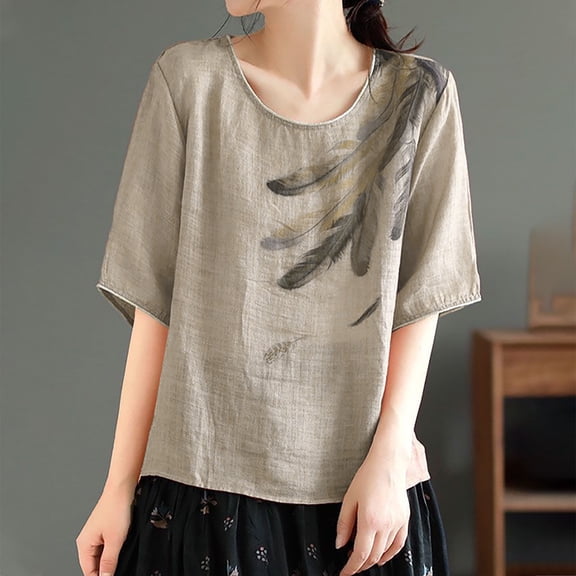 Guzom Womens Retro Printed Embroidered Round Neck Short Sleeve Pull-On Blouse,Khaki,Size M