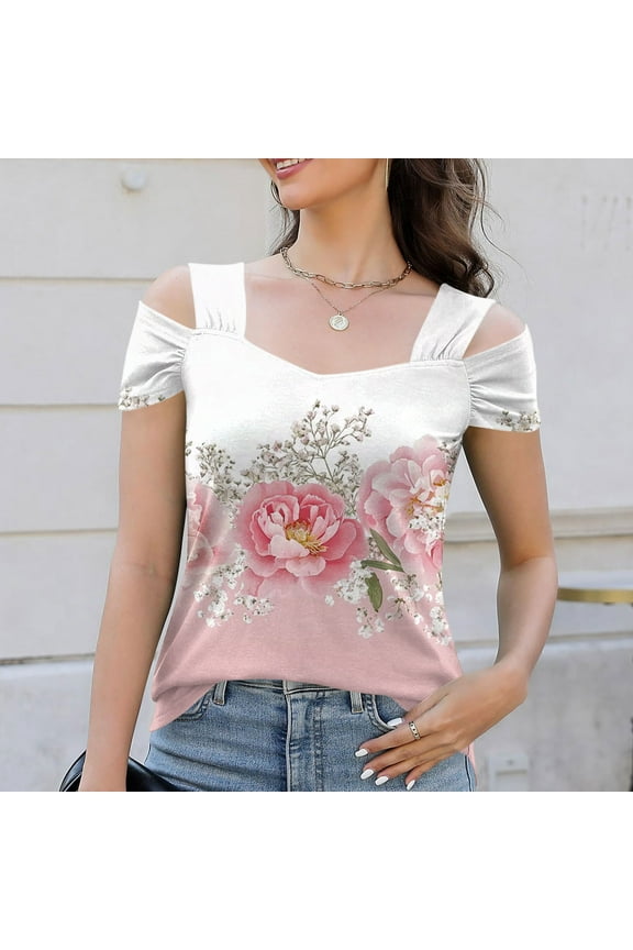 Womens Sexy Floral Print Short Sleeve Off-Shoulder Blouse for Daily Summer Wear,Pink,Size L