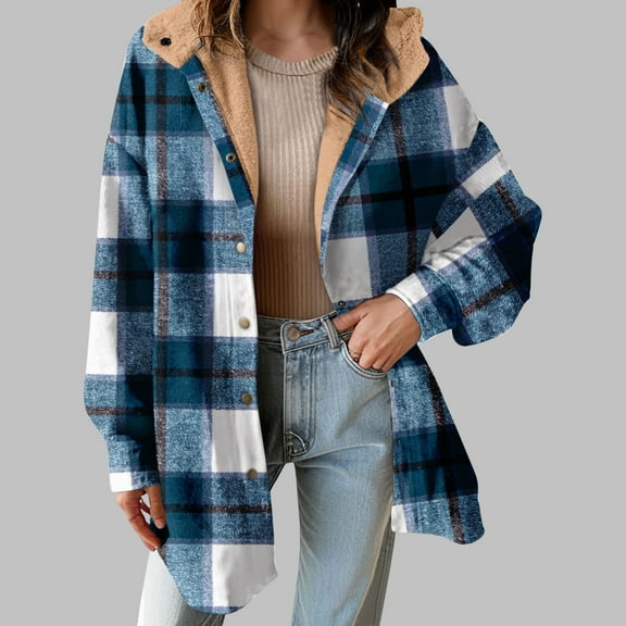 Guzom Womens Sherpa Lined Oversized Plaid Jacket - Mid-Length Blue, Cotton Polyester Blend, Fall Winter Casual Hooded,Size 2XL