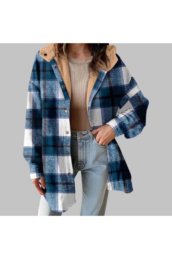 Womens Sherpa Lined Oversized Plaid Jacket - Mid-Length Blue, Cotton Polyester Blend, Fall Winter Casual Hooded,Size L