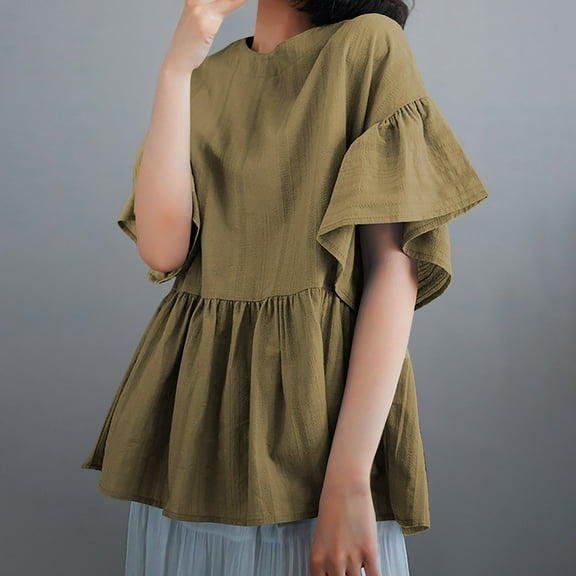 Guzom Womens Short Sleeve Loose Fit Solid Color Casual Fashion Blouse for Daily and Party,Green,Size L