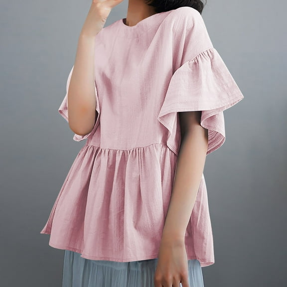 Guzom Womens Short Sleeve Loose Fit Solid Color Casual Fashion Blouse for Daily and Party,Pink,Size L