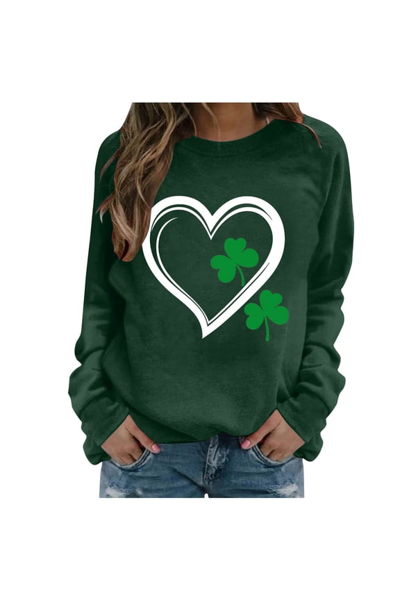 Womens St. Patrick's Day Shamrock Heart Crew Neck Long Sleeve Relaxed Fit Army Green 100% Polyester Festive Sweatshirt,Size S